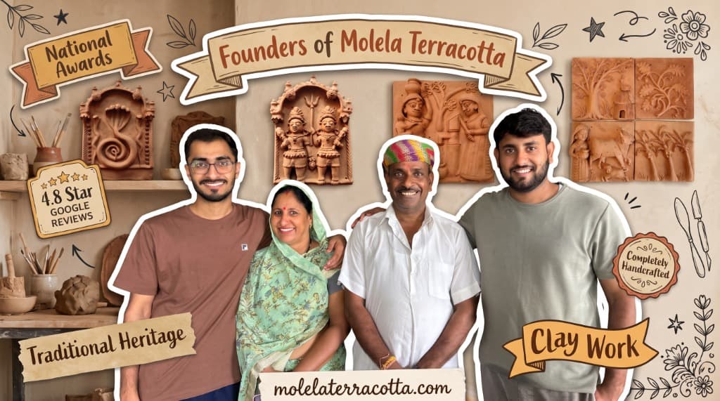 Master Artisan Dinesh Chandra Kumhar and family at their Molela terracotta studio with clay plaques