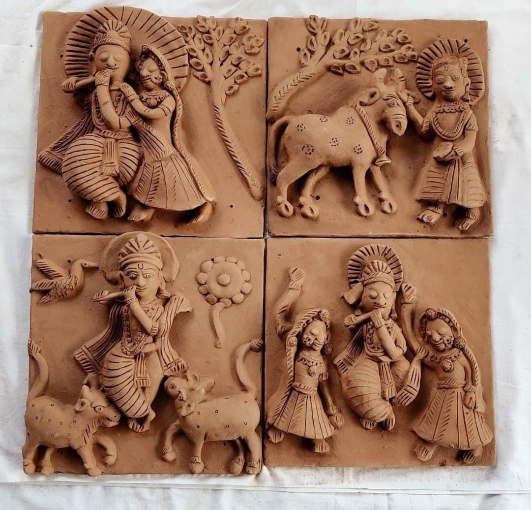 Tales of Krishna clay plaque set of four