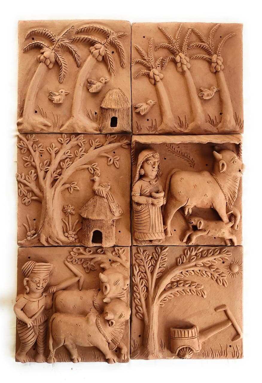 Set of six terracotta plaques showing villagers' daily chores