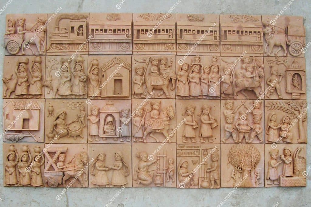 Terracotta tile depicting women drawing water at a village well