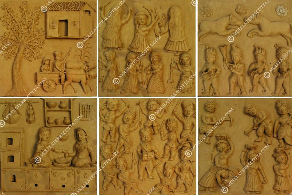 Clay relief tile showing villagers at a communal gathering