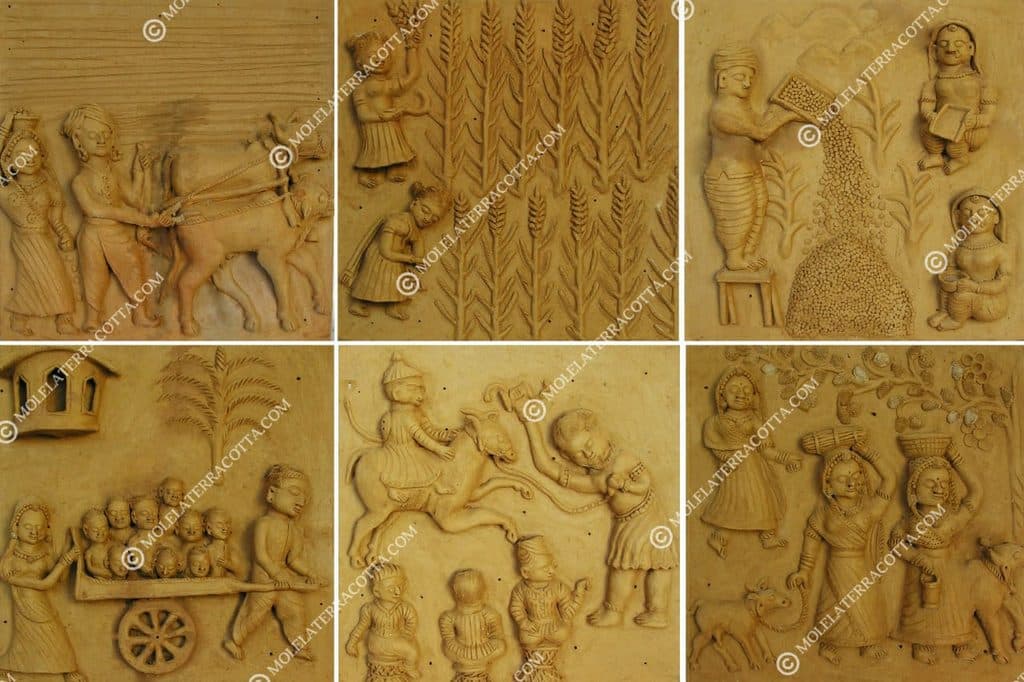 Terracotta tile of a village family outside a mud house