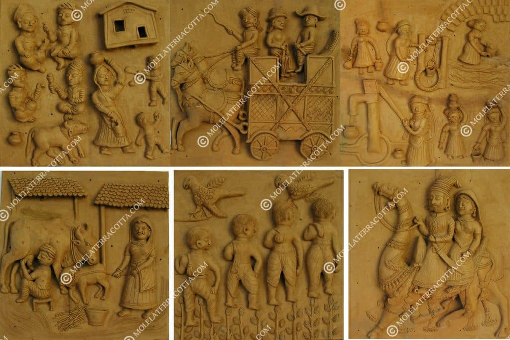 Molela clay mural of villagers going about daily life