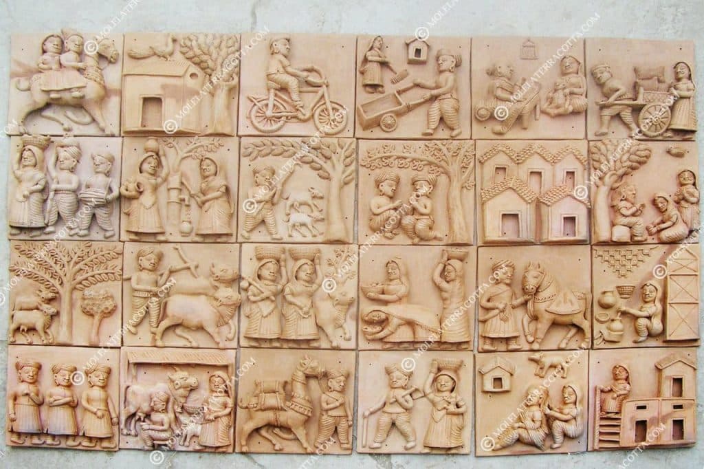 Molela clay work relief plaque of a Hindu deity, hand-modelled in terracotta